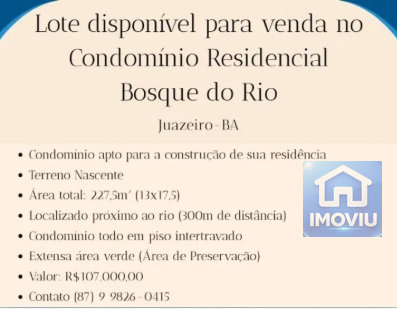 Terreno a venda no Condomínio Residencial Bosque do Rio, Juazeiro-BA - IMOVIU